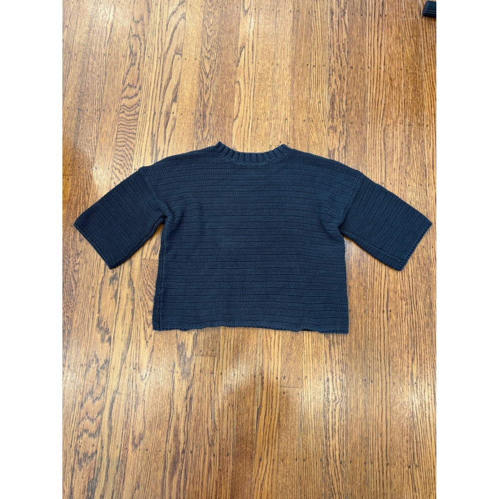 Margaret O'Leary Navy Blue Cotton Ribbed Knit Short Sleeve Boxy Sweater